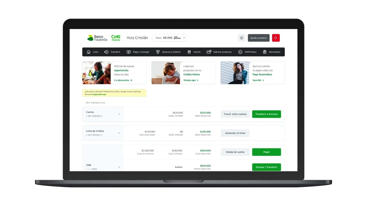 Banco Falabella app screens
